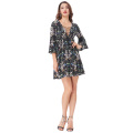 Kate Kasin Sexy Women&#39;s Floral Pattern 3/4 Robe à encolure profonde V-Neck Mini-robe KK000664-1